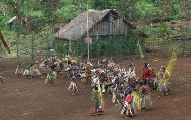 Residents and visitors join to celebrate the opening of new classrooms at a remote school operated by Baha'is in Milne Bay Province of Papua New Guinea. The photo was taken from a helicopter that was bringing special guests to the event.