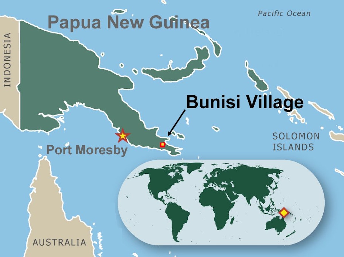 Map shows the location of Bunisi in Papua New Guinea and in the world.