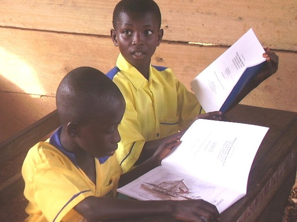 Students from the Anyinabrim Methodist Primary School are among the thousands who use the "Enlightening the Hearts" literacy program in Ghana.