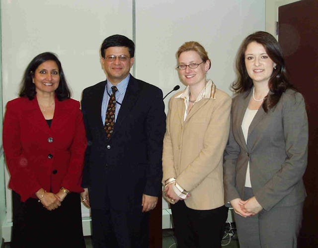 Among those present at the 14 February 2008 presentation of the statement "Eradicating Poverty: Moving Forward as One" were, from left, Bani Dugal, principal representative of the Baha'i International Community to the United Nations; Nikhil Seth, director of the Office for ECOSOC Support and Coordination and special assistant and chief of office to the undersecretary in the U.N. Department of Economic and Social Affairs; Julia Berger, senior researcher and writer at the BIC; and Tahirih Naylor, a BIC representative to the U.N.