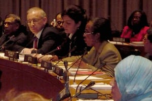 Augusto Lopez-Claros, center left, and to his left, Fulya Vekiloglu, in remarks at the U.N. Commission on the Status of Women, both pointed out the overall benefits to society when women and girls take their rightful place equal to men and boys. They spoke on 25 February 2008.