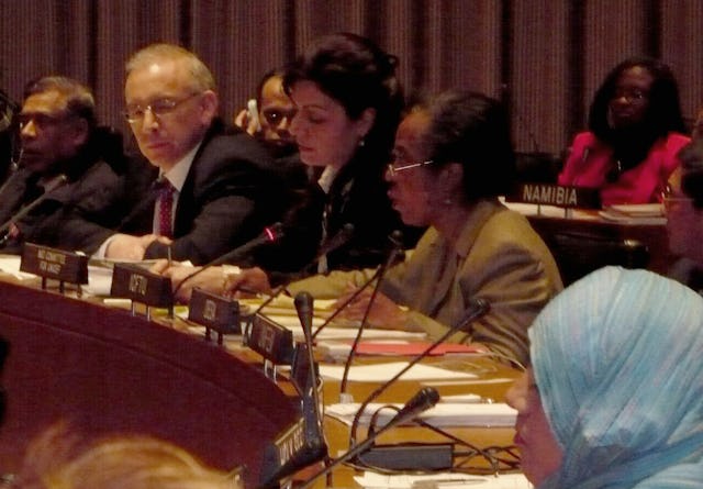 Augusto Lopez-Claros, center left, and to his left, Fulya Vekiloglu, in remarks at the U.N. Commission on the Status of Women, both pointed out the overall benefits to society when women and girls take their rightful place equal to men and boys. They spoke on 25 February 2008.