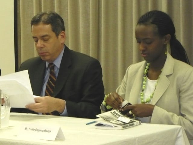 Mark Weitzman of the Simon Weisenthal Center and Yvette Rugasaguhunga, a survivor of the Rwanda genocide of 1994, were among nine speakers at a discussion titled "Eliminate Racism: Prevent Mass Atrocities." Two United Nations ambassadors and representatives of the U.N. human rights office also spoke.