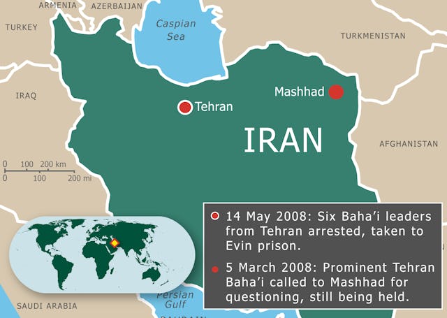 شهرهائی که در آن رهبران جامعۀ بهائی در ایران دستگیر شدند.