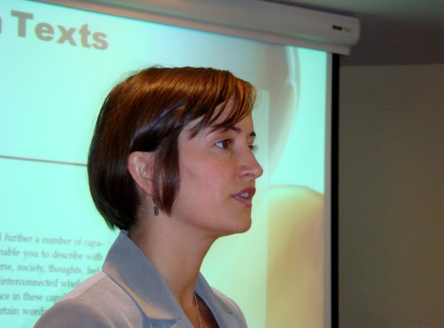 Erin Murphy-Graham of the University of California, Berkeley, speaks at the workshop on the SAT program at the U.N. on 8 May 2008.