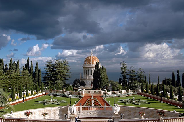 The Shrine of the Bab on Mount Carmel in Haifa, Israel, framed by formal gardens and terraces, is one of two major Baha’i properties named as a World Heritage site.