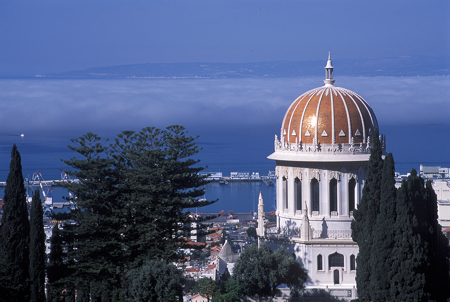 The golden dome of the Shrine of the Bab on Mount Carmel is Haifa is a well-known landmark on the eastern Mediterranean coast.