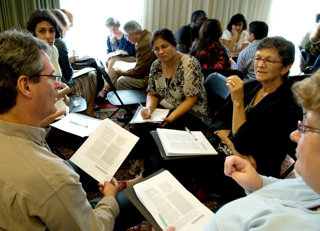 Participants at the 32nd annual conference of the North American Association for Baha’i Studies meet in a break-out sesssion. The conference was held in San Diego.
