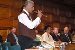 Kevin Locke plays flute at a UN roundtable on the International Day for the Eradication of Poverty. He opened the roundtable with a prayer recited in his native Lakota Sioux dialect. The event was at the United Nations in New York on 17 October 2008.
