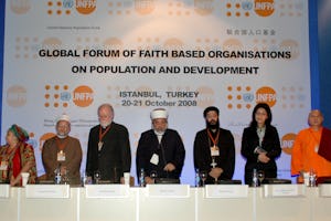Fulya Vekiloglu, second from right, represented the Baha’i International Community at the Global Forum of Faith-based Organizations, held this month in Istanbul. The photograph is of the closing ceremony.