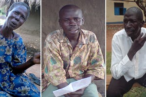 Alisa Poli, left, learned to read at age 63. Patrick Uwachgiu, 25, of the village of Panyabongo, and Terence Jacan, 42, of Pamitu, are volunteer mentors in the UPLIFT program.