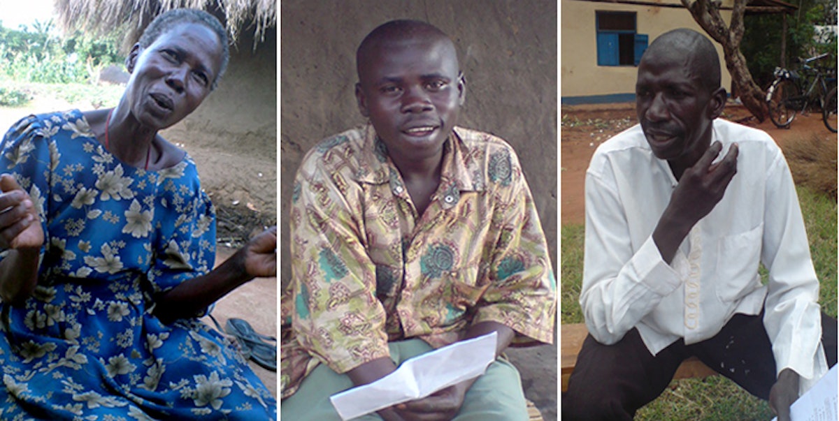 Alisa Poli, left, learned to read at age 63. Patrick Uwachgiu, 25, of the village of Panyabongo, and Terence Jacan, 42, of Pamitu, are volunteer mentors in the UPLIFT program.