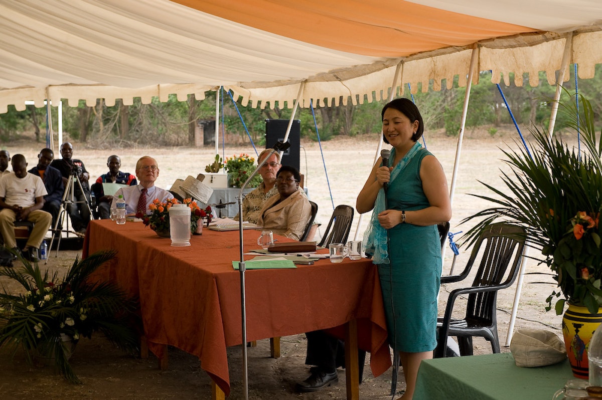 Uransaikhan Baatar addresses the Lusaka gathering. She and Stephen Birkland, both members of the International Teaching Centre, attended as representatives of the Universal House of Justice.