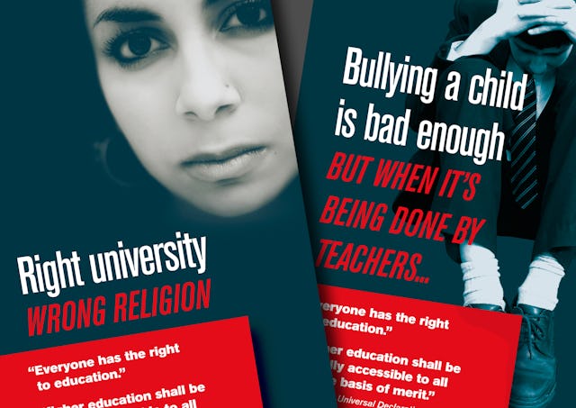 In the United Kingdom, pamphlets promote the right to education for Baha'is in Iran, who are currently barred from universities. Younger Baha'i students are often harassed or expelled from their schools.