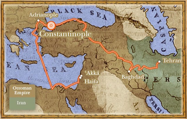 Map shows the exiles of Baha’u’llah after He left Tehran. Constantinople is now called Istanbul.