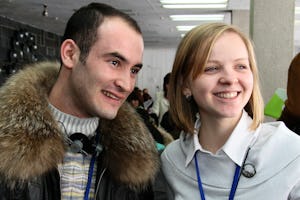 A total of 77,700 people participated in the 41 conferences, held in cities around the globe. Shown here in Kiev are Zafar Hamraev of Moscow and Eugenia Poluektova of Kiev.