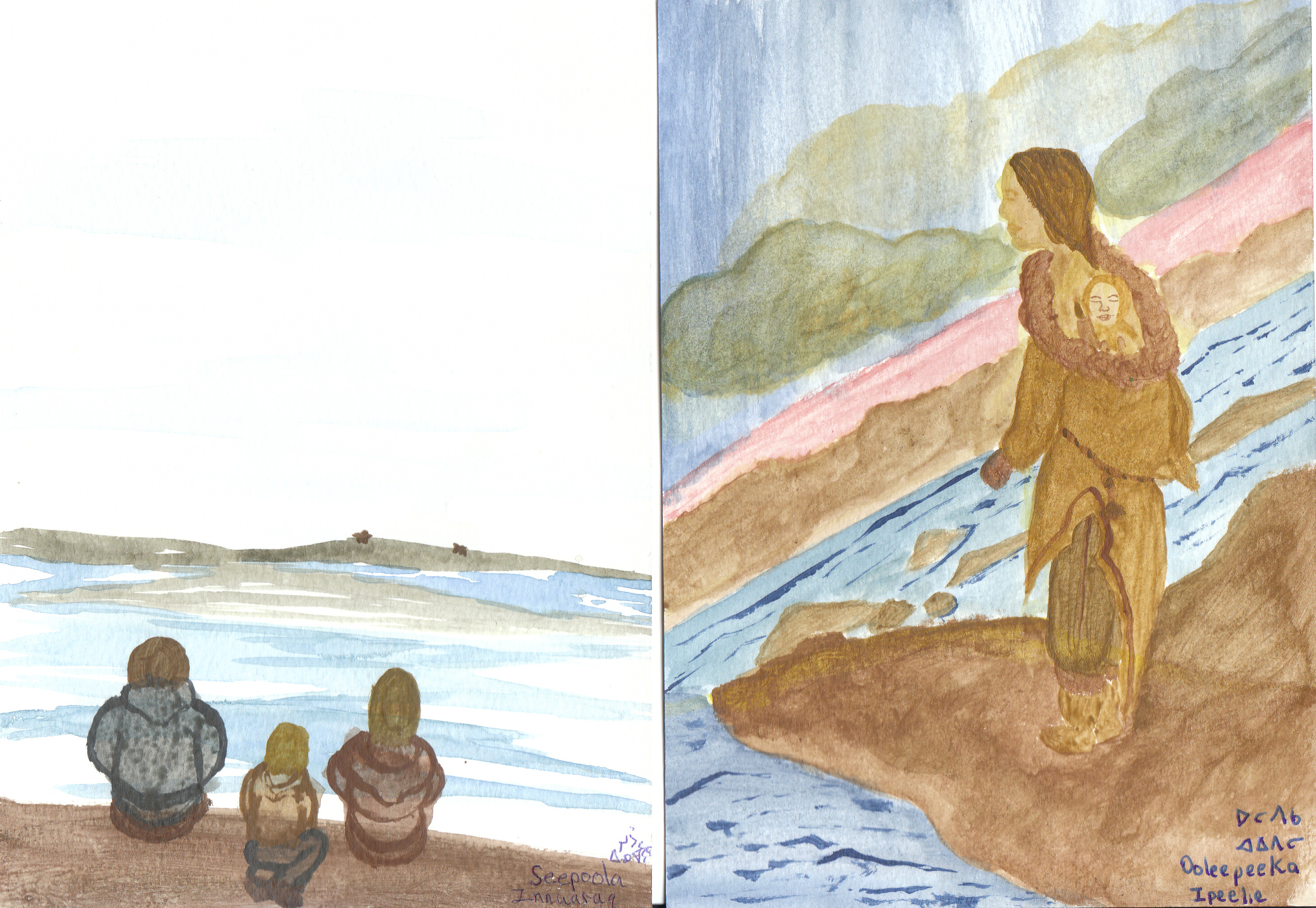 These works were created by Ooleepeeka Ipeelie and Seepoola Innuaraq during their participation in the Arctic Youth Art Initiative. (Photo courtesy the Baha'i Community of Canada.)