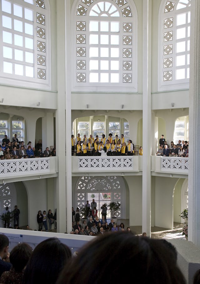 The Baha'i House of Worship in Sydney was the site of a devotional program on 26 April in honor of the 75th anniversary of the National Spiritual Assembly of Australia. The Baha'i choir performs from a balcony. (Photographs by Rachael Dere)