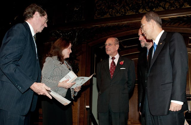 Baha'i delegates Arthur Lyon Dahl and Tahirih Naylor receive certificates at the Windsor Castle gathering. They are pictured with Prince Philip, founder of ARC; Martin Palmer of ARC; and UN Secretary General Ban Ki-moon.