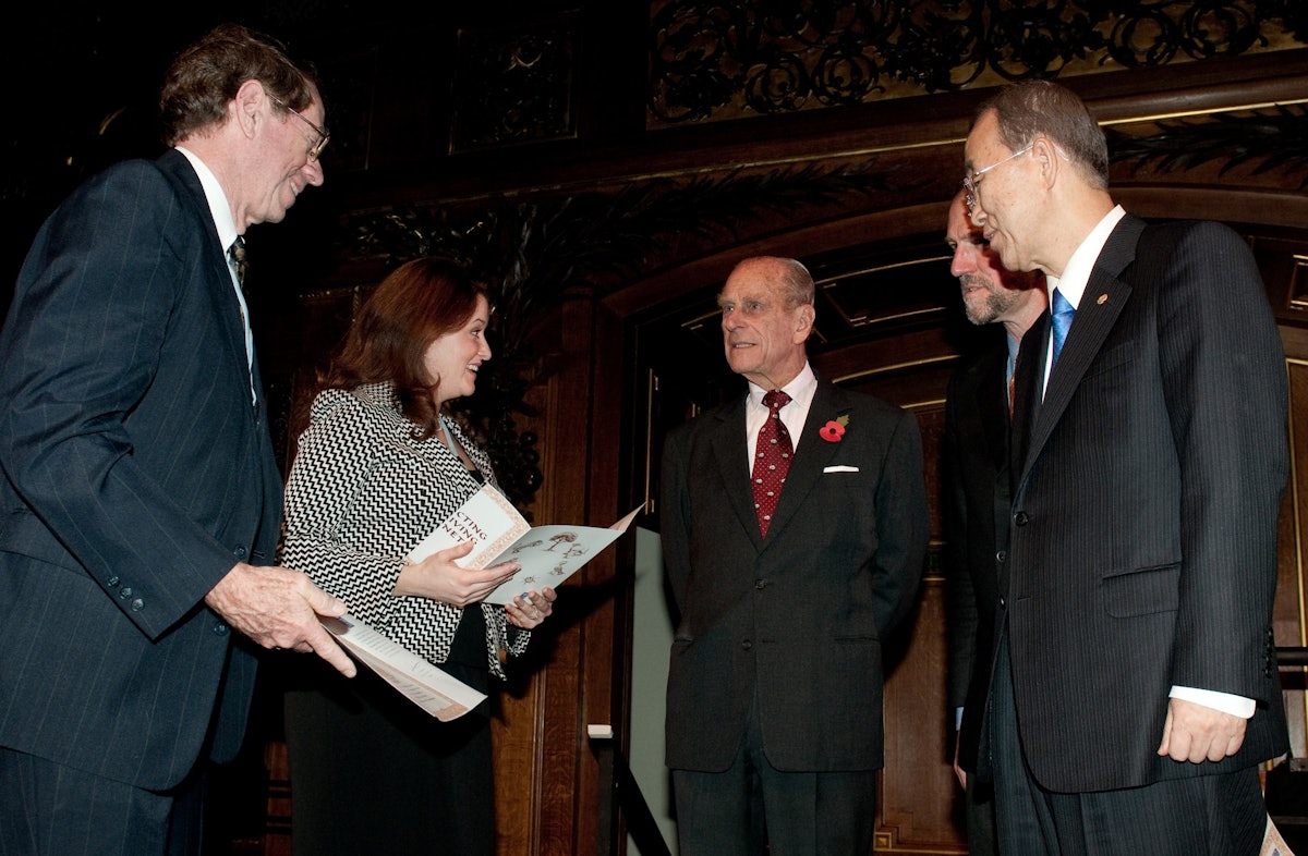 Baha'i delegates Arthur Lyon Dahl and Tahirih Naylor receive certificates at the Windsor Castle gathering. They are pictured with Prince Philip, founder of ARC; Martin Palmer of ARC; and UN Secretary General Ban Ki-moon.