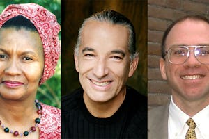 International Baha'i presenters at the Parliament of the World's Religions in Melbourne include, from left, Lucretia Warren of Botswana, Lakota hoop dancer Kevin Locke, and Brian Lepard of the United States.