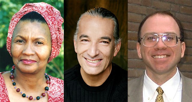 International Baha'i presenters at the Parliament of the World's Religions in Melbourne include, from left, Lucretia Warren of Botswana, Lakota hoop dancer Kevin Locke, and Brian Lepard of the United States.