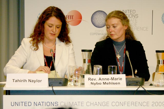 At a press conference on the Interfaith Declaration on Climate Change, Baha’i representative Tahirih Naylor, left, said that climate change is “challenging humanity to rise to the next level of our collective maturity.”