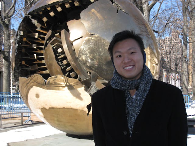 Ming H. Chong of Singapore read a summary of the Baha'i statement at the 48th session of the U.N. Commission for Social Development. The statement was titled "Transforming Collective Deliberations: Valuing Unity and Justice." Mr. Chong is pictured outside the United Nations Building in New York.