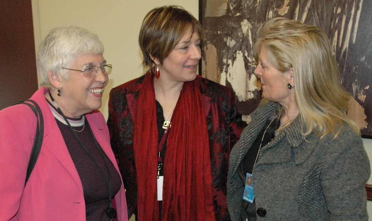 Baroness Joyce Gould, left, chair of the UK Women's National Commission, and Jan Floyd-Douglass, right, who is on the board of the same commission, were among the speakers at a panel discussion held 3 March in conjunction with the UN Commission on the Status of Women. They are shown with Zarin Hainsworth-Fadaei, also of the UK.