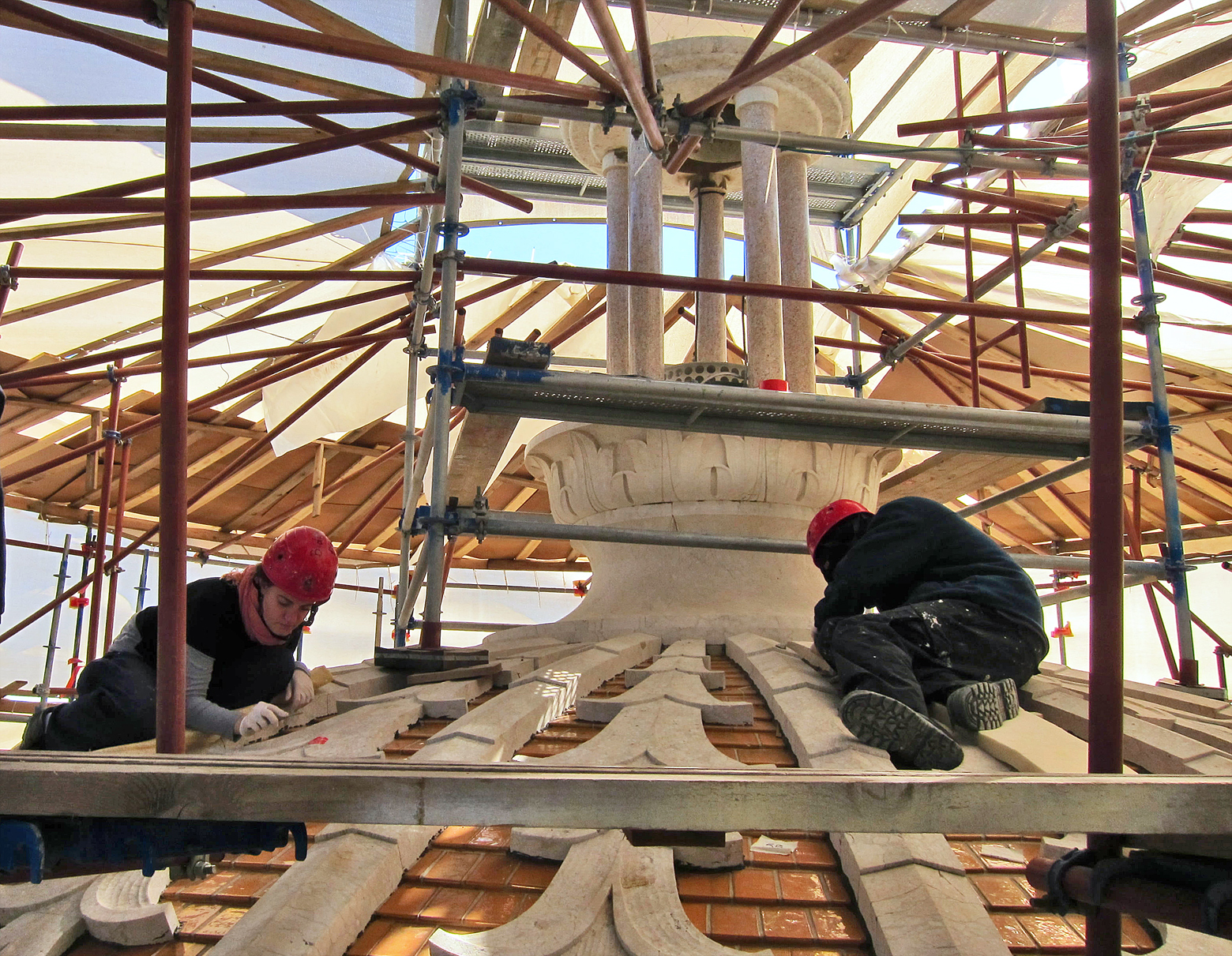 The tiles that cover the dome of the Baha'i shrine will soon be replaced, restoring the original golden luster. (Baha’i World Centre photo. All rights reserved.)