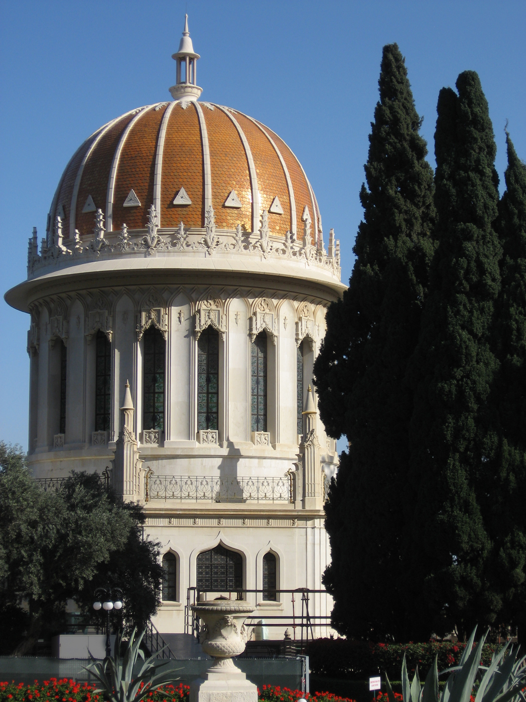 The golden dome of the Shrine of the Bab is one of Haifa's most prominent landmarks. This photograph was taken at the start of the current work, before the building was shrouded. The restoration will not alter the appearance of the building. (BWNS photo)