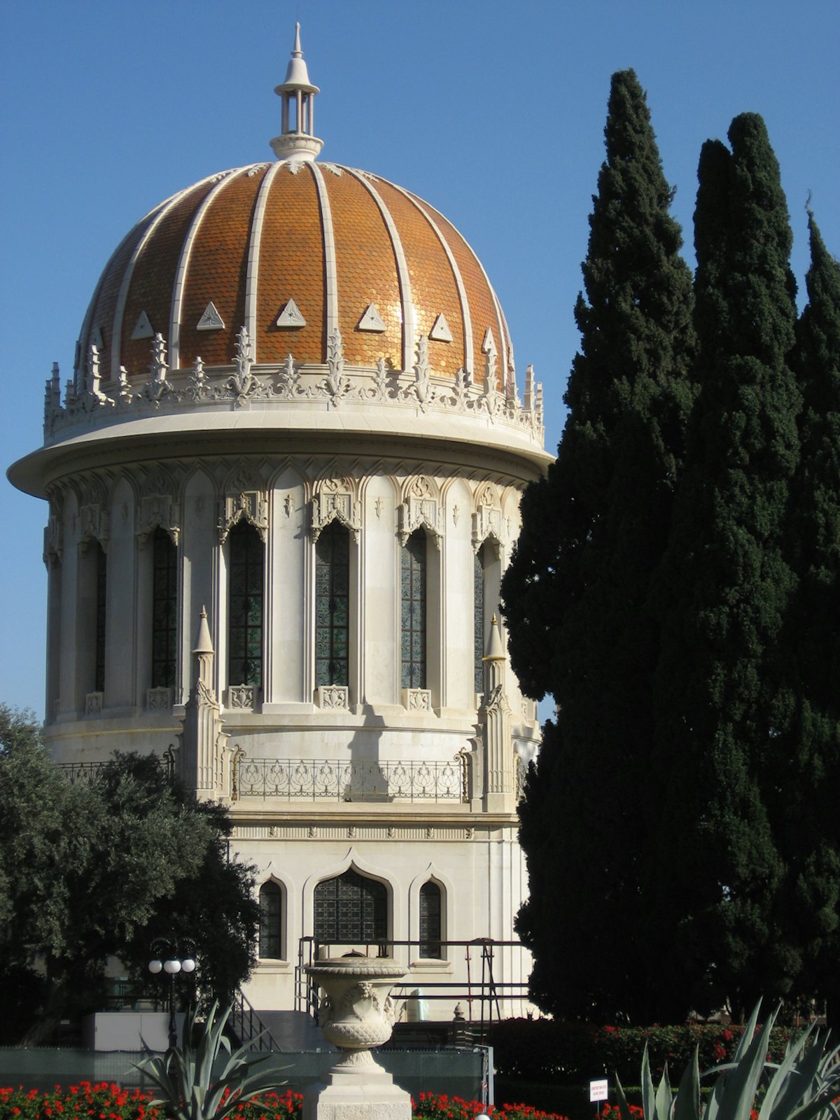 The golden dome of the Shrine of the Bab is one of Haifa's most prominent landmarks. This photograph was taken at the start of the current work, before the building was shrouded. The restoration will not alter the appearance of the building. (BWNS photo)