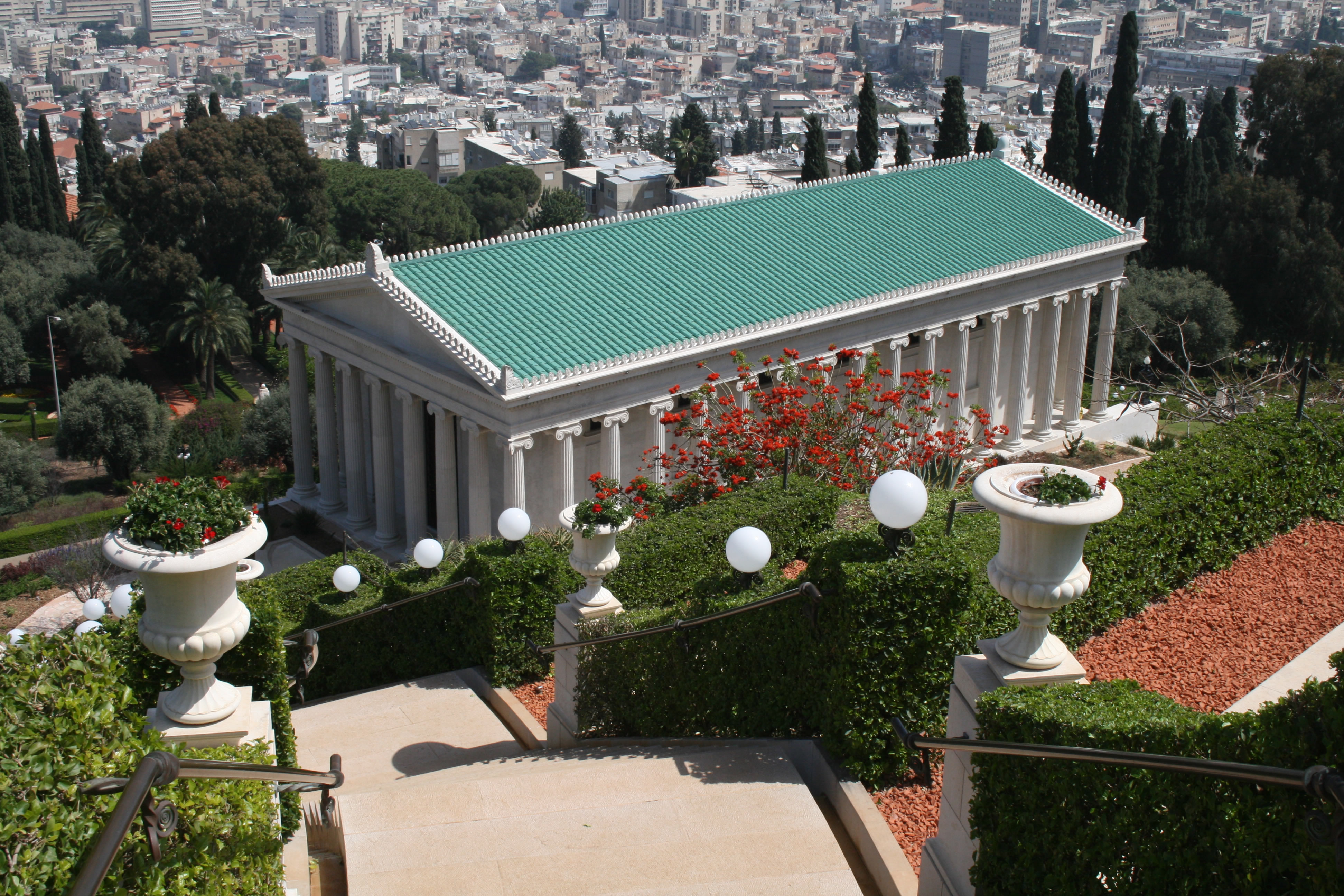The current restoration project at the Baha'i property on Mount Carmel began with the International Archives Building. Work at that site is finished, and the gleaming white building reopened last year. (BWNS photo)