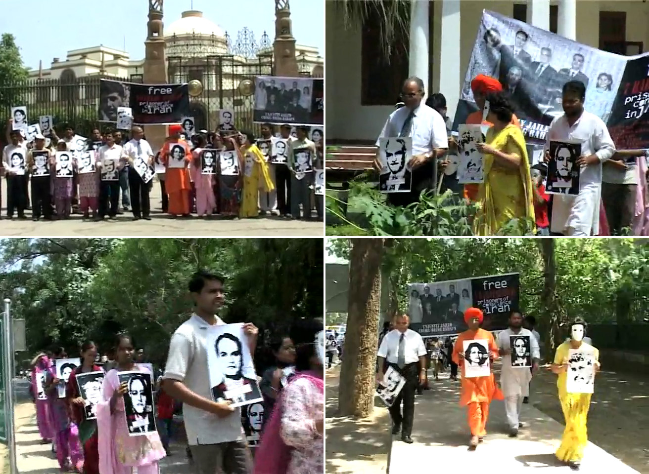 Images of the seven imprisoned Baha'i leaders featured prominently in the United4Iran march through the streets of New Delhi. Photographs taken from video footage.
