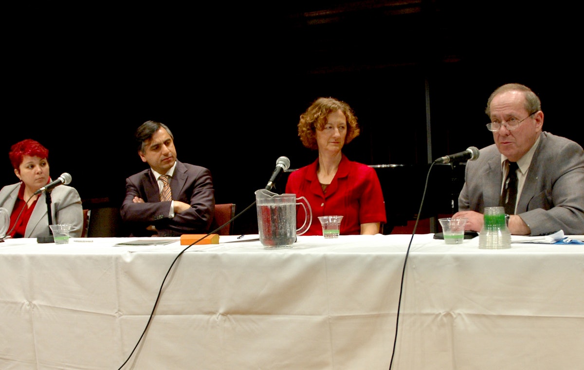 A day-long seminar in Winnipeg, sponsored by the Baha'i community of Canada, featured international experts in human rights from four different faith backgrounds. Pictured, from left to right, Dr. Mishkat al Moumin, Professor Payam Akhavan, Dr. Janet Epp Buckingham, and Professor Gerald Gall.