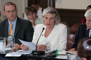 Susanne Tamas, centre, a delegate from the Canadian Baha'i community, participates in the World Religions Summit 2010. To her left is Rabbi Adam Scheier of the Canadian Jewish Congress, and right, Commissioner William W. Francis, Territorial Commander for the Salvation Army for Canada and Bermuda. Photograph by Louis Brunet.