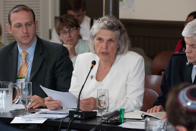 Susanne Tamas, centre, a delegate from the Canadian Baha'i community, participates in the World Religions Summit 2010. To her left is Rabbi Adam Scheier of the Canadian Jewish Congress, and right, Commissioner William W. Francis, Territorial Commander for the Salvation Army for Canada and Bermuda. Photograph by Louis Brunet.