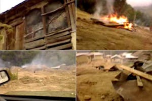 تصاويری از يک ويدئو که با تلفن همراه گرفته شده چندين خانۂ متعلق به بهائيان که با خاک يکسان شده و شعلههای آتش را نشان میدهد.