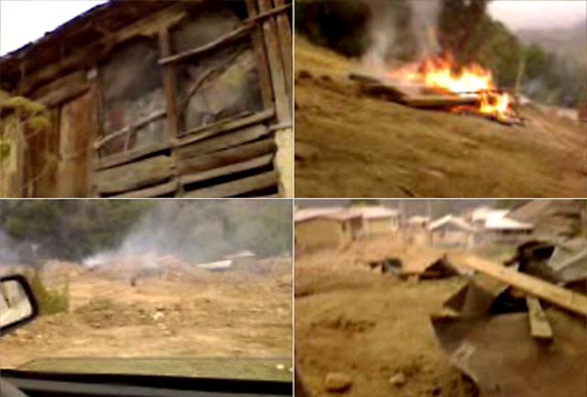 Images taken from a video, shot on a mobile telephone in the village of Ivel, show fiercely burning fires and several Baha'i-owned properties reduced to rubble.