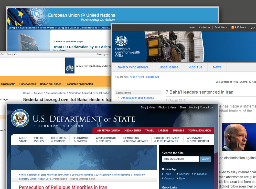 Statements from the U.S.A., Netherlands, U.K. and the European Union all express strong concern at reports that seven Iranian Baha'i leaders have each received prison sentences of 20 years.