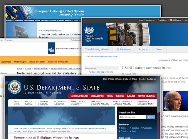 Statements from the U.S.A., Netherlands, U.K. and the European Union all express strong concern at reports that seven Iranian Baha'i leaders have each received prison sentences of 20 years.