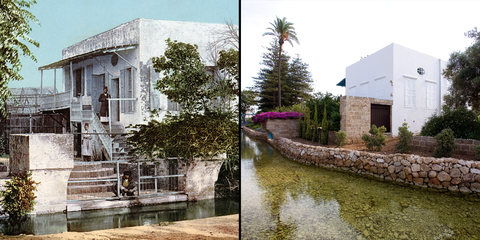 Left: A hand-colored black-and-white photograph from c.1903 shows Baha'is at the house in the Ridvan Garden where Baha'u'llah often spent the night. The original canal can be seen passing by the side of the house. Right: A rear view of the house as it looks today with the canal reinstated. River pebbles sourced in Egypt - that have the same shape, texture and colour of stones found in Israel - provide the impression of an old stream.