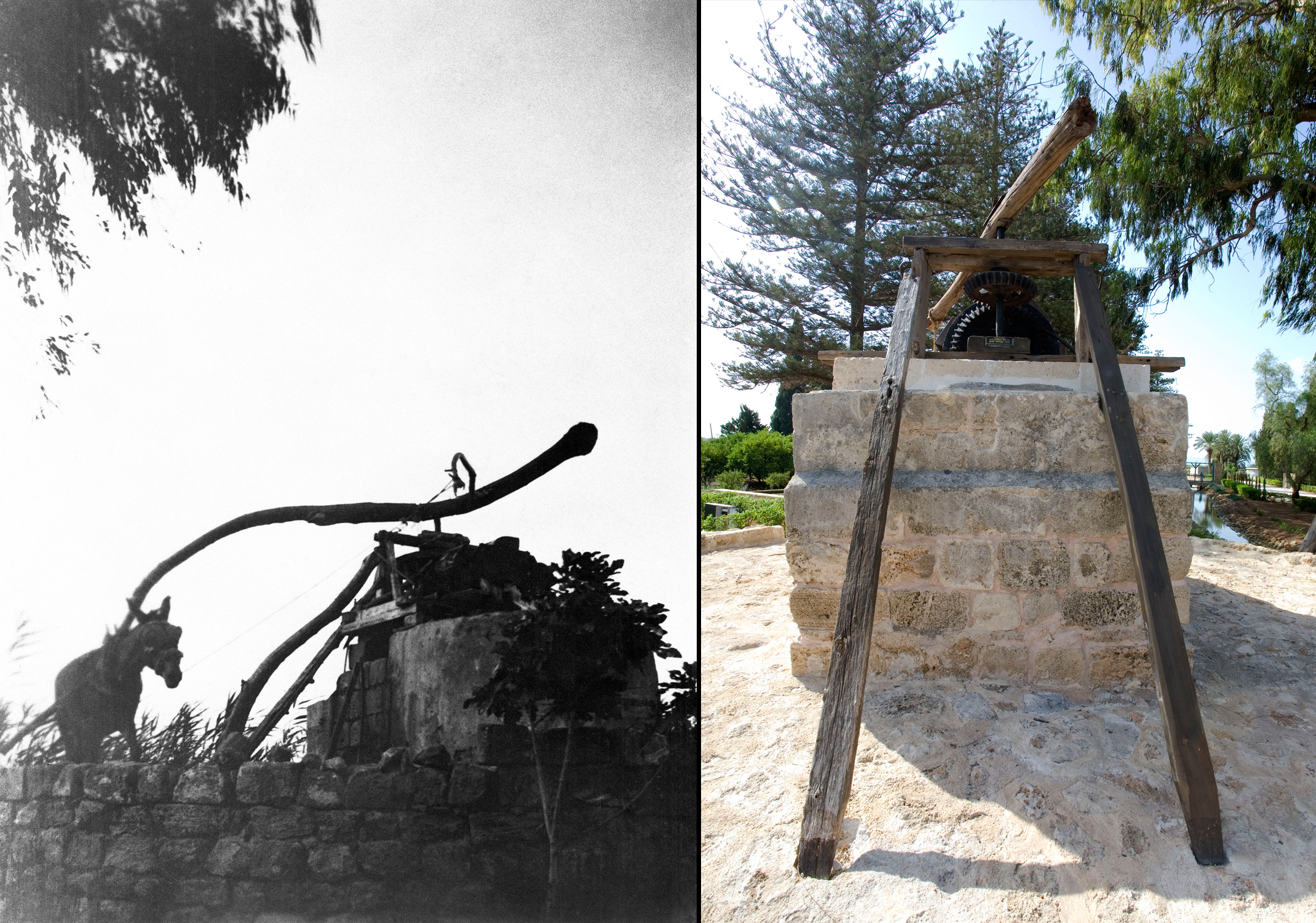 Left: A water well at the north end of the Ridvan Garden powered by a donkey, photographed in 1921. Right: The well as it looks today after restoration.