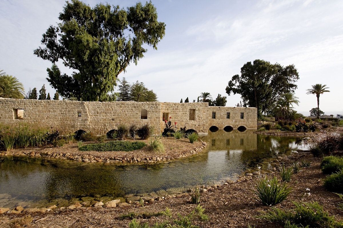 Some of the 15 flour mills that once operated in parallel at the southern end of the Ridvan Garden have also been restored. This view shows the mill buildings, and some newly-created island features in the water.