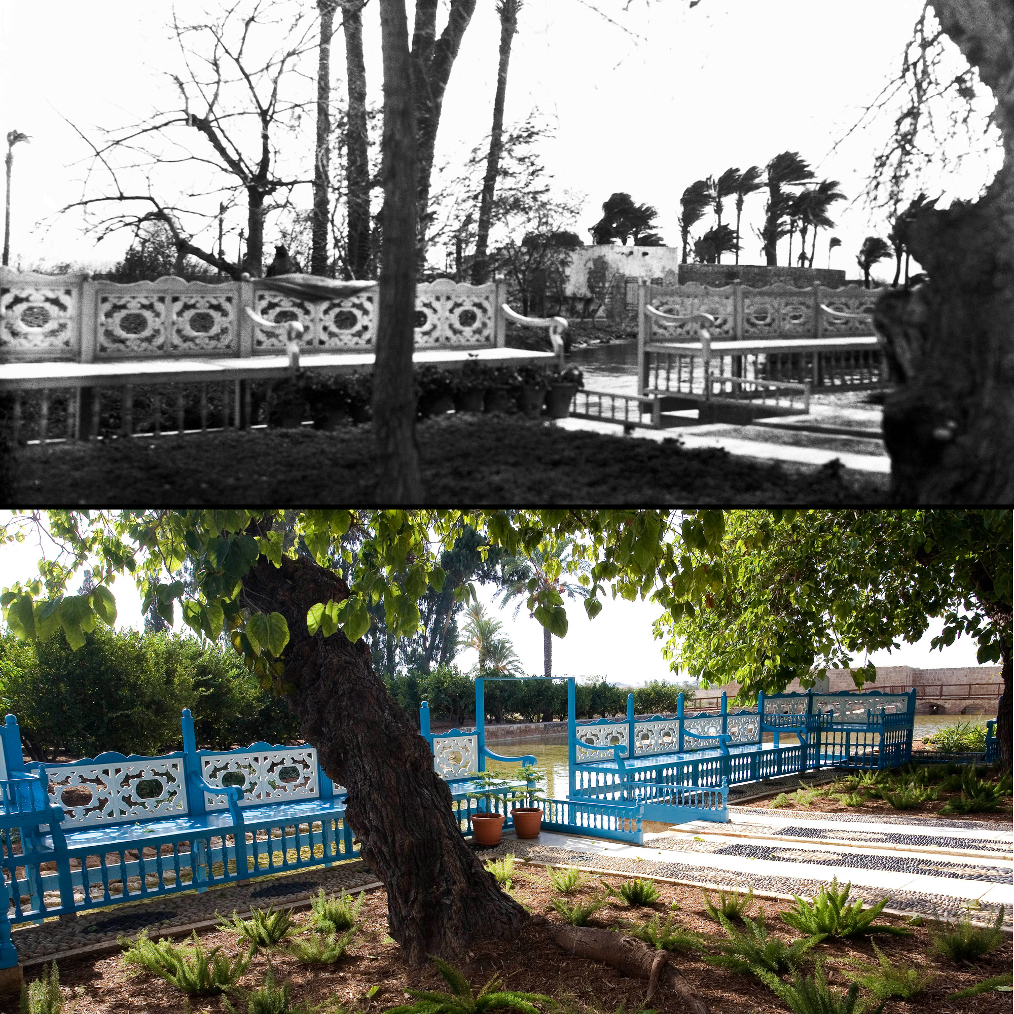Top: A photograph from the 1920s shows the original canal behind the benches on the east side of the Ridvan Garden. Bottom: The garden as it appears today following the restoration of water. The seat behind the tree with two potted plants in front of it is the spot where Baha'u'llah often rested in the garden.
