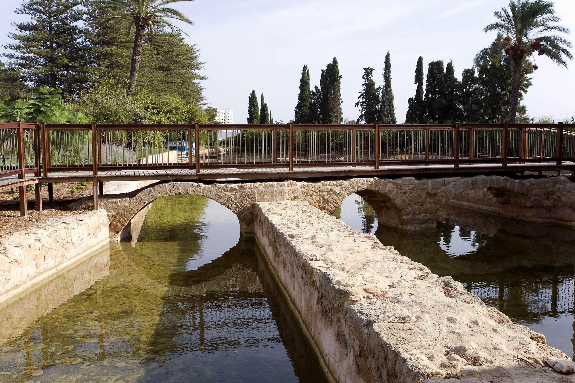 A north-facing view of the Ridvan garden, left, restored to its original island setting through the restoration of water channels.