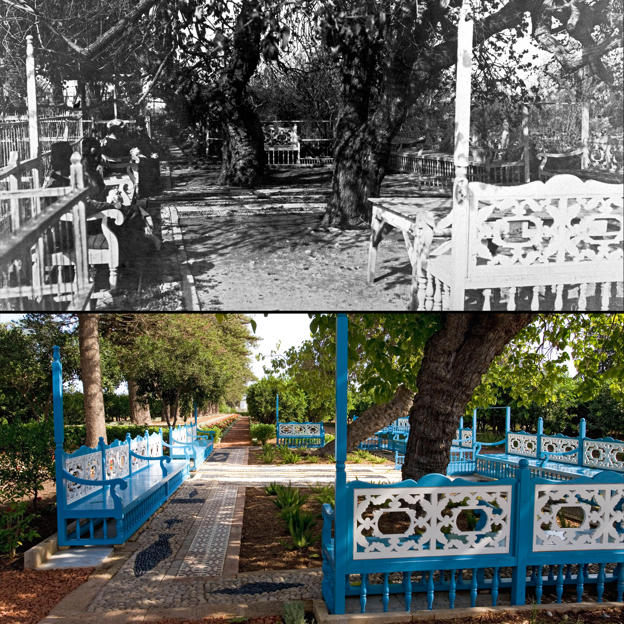 Top: An historic view of the Ridvan Garden - c.1909 - depicting visitors seated on the benches under the shade of the mulberry trees, at a time when the original canals flowed around the garden. Bottom: The same view today of the restored garden, showing its distinctive carved wooden benches and decorative paving created with tiles and river stones.