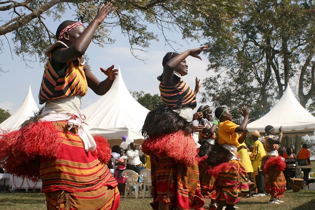 Celebratory dances in the grounds of the Baha'i House of Worship, Kampala, Uganda, marking the fiftieth anniversary of the inauguration of the temple in January 1961. "What stood out was the love from those who attended from all the countries," remarked Lawrence Alobi, who travelled from Nigeria to attend the festivities. "You could see the spiritual joy, the enthusiasm, the affection..."