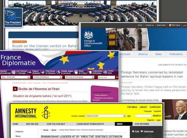 Examples of the widespread protest being made by governments and organizations around the world at the reinstatement of the 20-year prison sentences for Iran's seven Baha'i leaders.