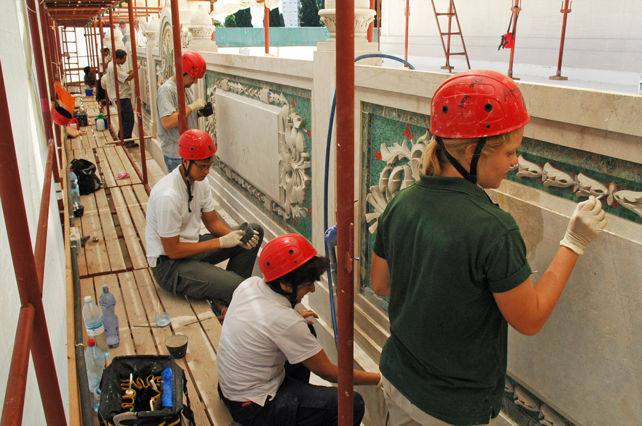 Volunteers were specially chosen for the meticulous stone restoration work at the Shrine of the Bab. One member of the team said restoring the Shrine was a unique, even spiritual, experience. "Sometimes I wondered whether we were working on the building or whether it was working on us," he said, recalling the unity of the workers. Photo credit: Baha’i World Centre photo. All rights reserved.